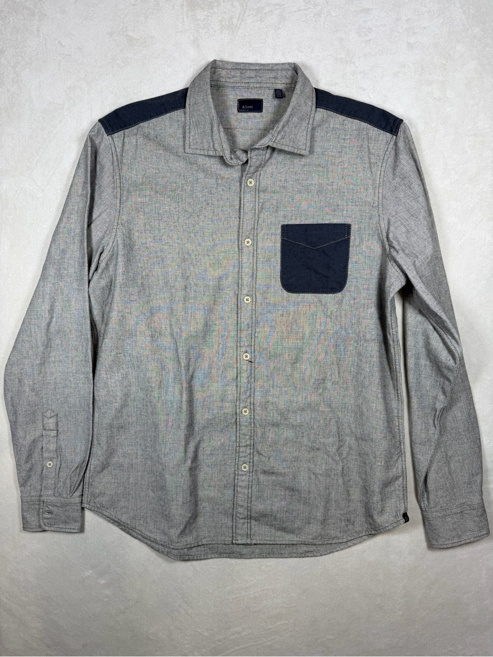 &Sons And Sons XL Gray Button-Down Shirt with Navy Shoulder Panels and Pocket